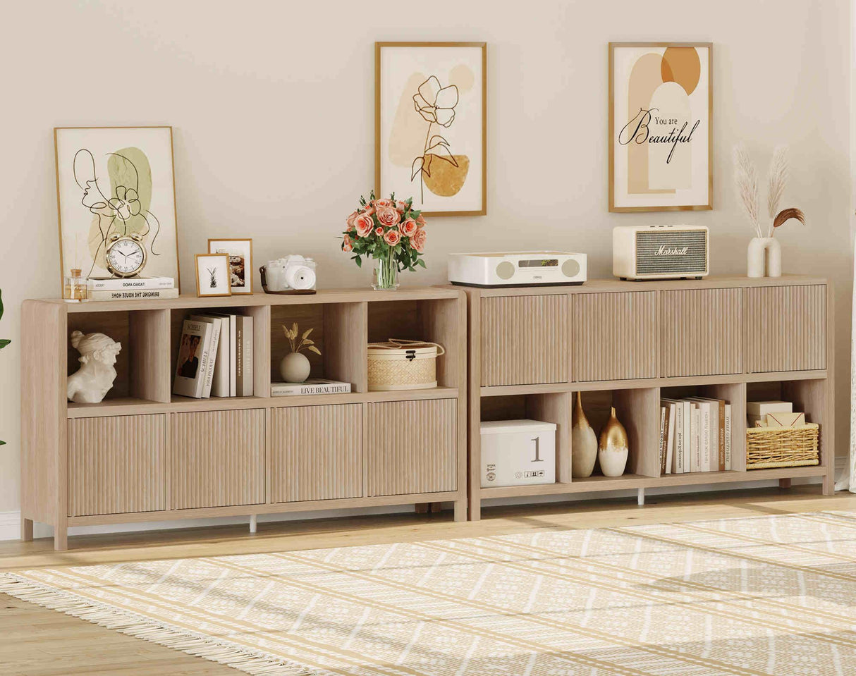 FATORRI 8 Cube Bookshelf with 4 Doors, Modern Mid Century Wood Book Shelf with Storage, Low Horizontal Cubby Bookcase for Home Office (Light Walnut) FATORRI