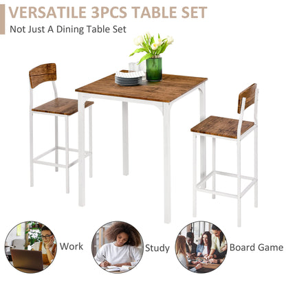 HOMCOM 3-Piece Industrial Counter Height Bar Table Set with Stools in Walnut and White