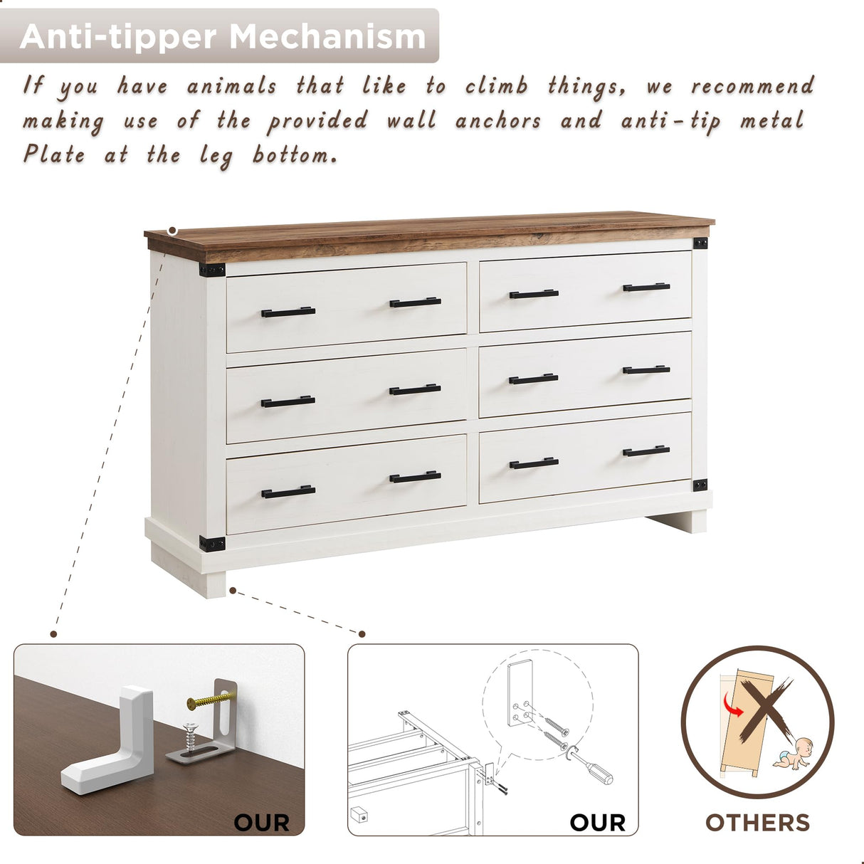 Farmhouse 6 Drawers Dresser for Bedroom, Wood Large Chest of Drawers with Thick Plank Styling, Rustic Closet Dresser for Bedroom or Living Room, Antique White RedLemon