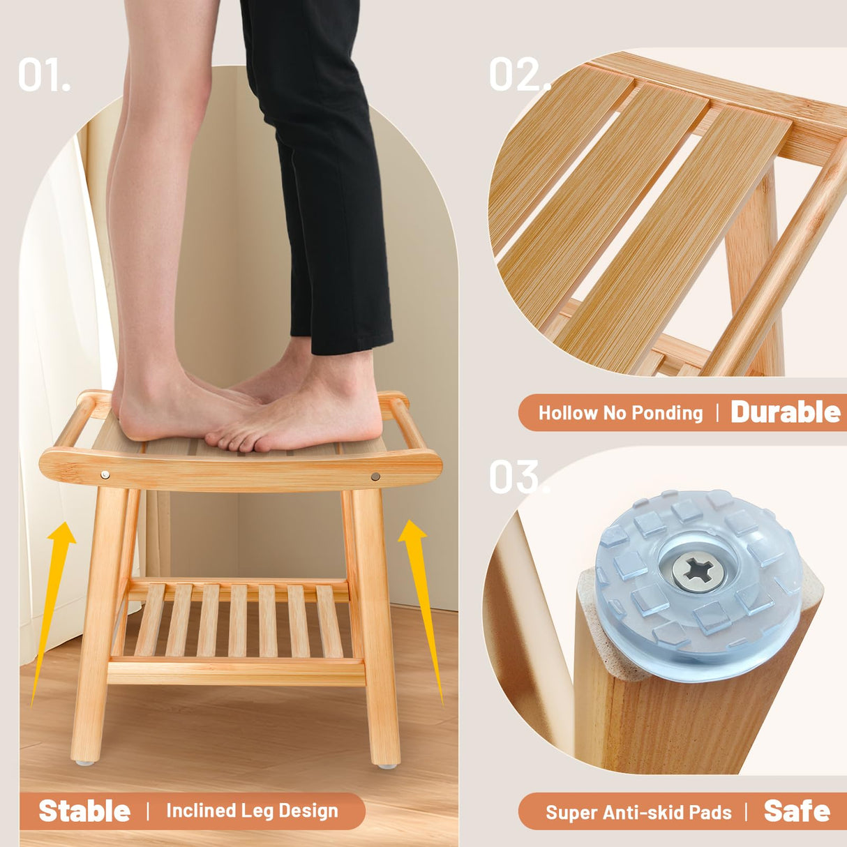 Bamboo Shower Bench for Inside Shower to Sit on,Waterproof Shower Stool for Shaving Legs,Spa Bathroom Shower Chair with Storage Shelf, Bathroom Bench Seat for Senior Adult Disabled Elderly LEJANEOYE