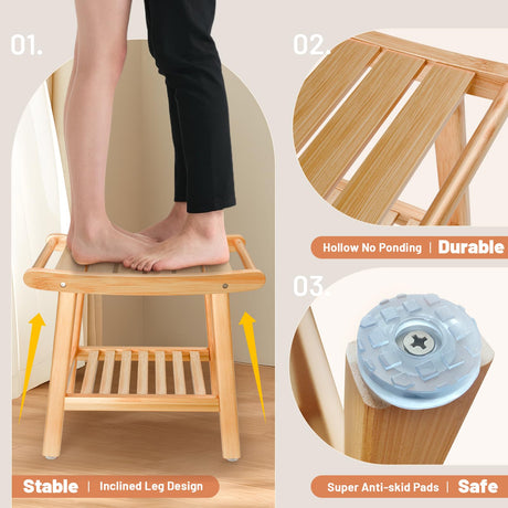 Bamboo Shower Bench for Inside Shower to Sit on,Waterproof Shower Stool for Shaving Legs,Spa Bathroom Shower Chair with Storage Shelf, Bathroom Bench Seat for Senior Adult Disabled Elderly LEJANEOYE