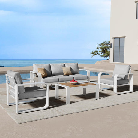 Oasbira Aluminum Outdoor Patio Furniture Set 4 Piece, Oversized Patio Conversation Sets Widened Armrest & Ultra-Thick Cushions, Deep Seating Modern Sectional Furniture for Backyard, Porch, White Oasbira