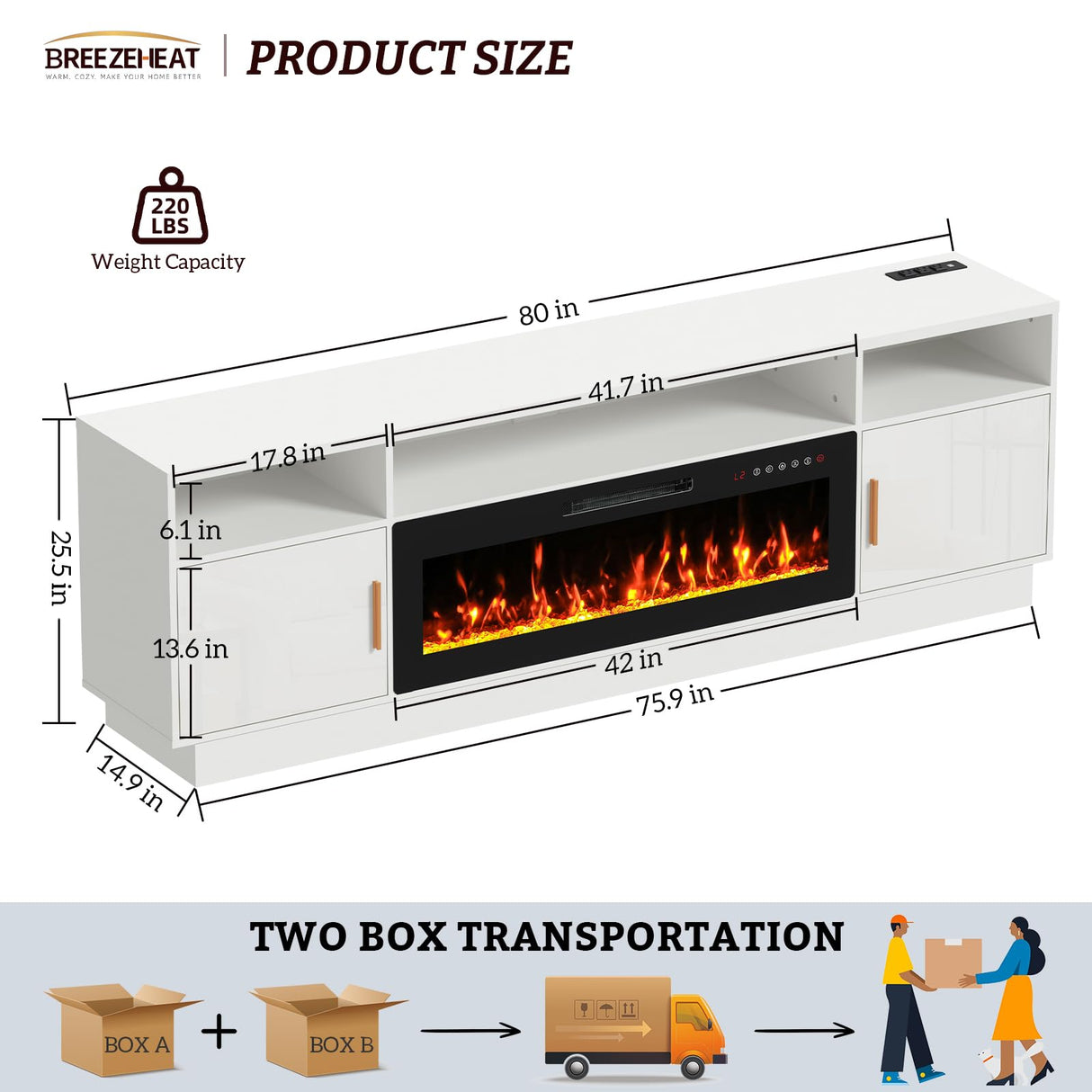 BREEZEHEAT Electric Fireplace TV Stand-Led Entertainment Center-80 inch TV Stand with 42" Electric Fireplace-Living Room Tv Cabinet with Storage for TVs Up to 85"，Modern Media Console (White) BREEZEHEAT