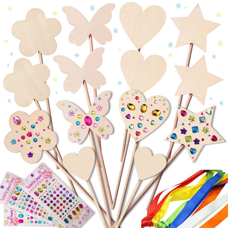 WUBOMJIO Princess Fairy Wands Craft Kit, Kid Birthday Party Supplies Make Your Own Magic Wands Include Unfinished Wooden Fairy Wands, Gem Stickers, Ribbons, Ideal for Kids 6+(14 PCS) WUBOMJIO