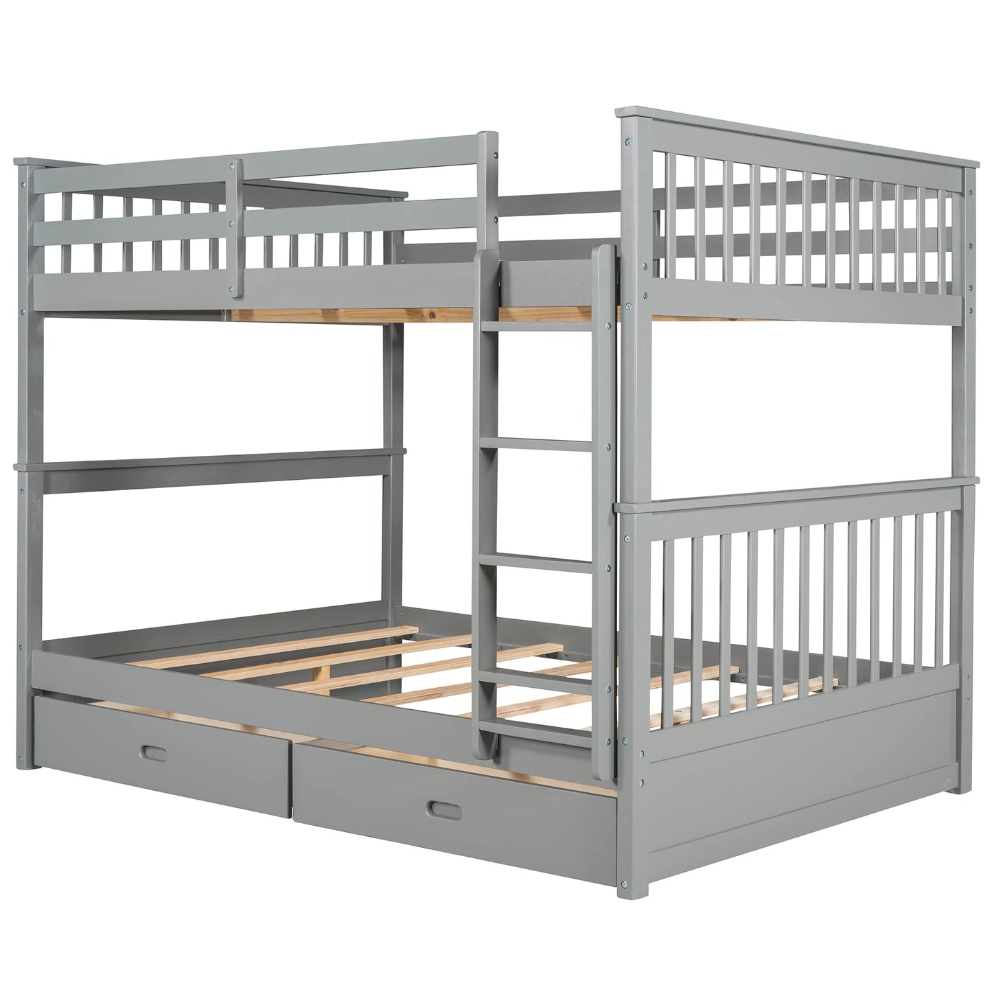 Merax Grey Solid Wood Convertible Bunk Bed with Storage Drawers and Ladders, Full Over Full - WoodArtSupply