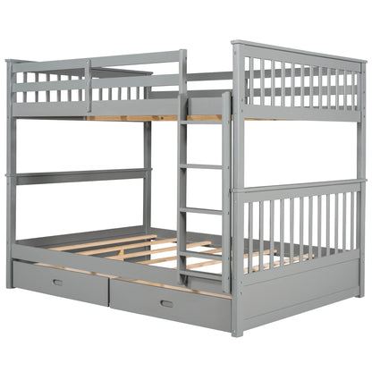 Merax Grey Solid Wood Convertible Bunk Bed with Storage Drawers and Ladders, Full Over Full - WoodArtSupply