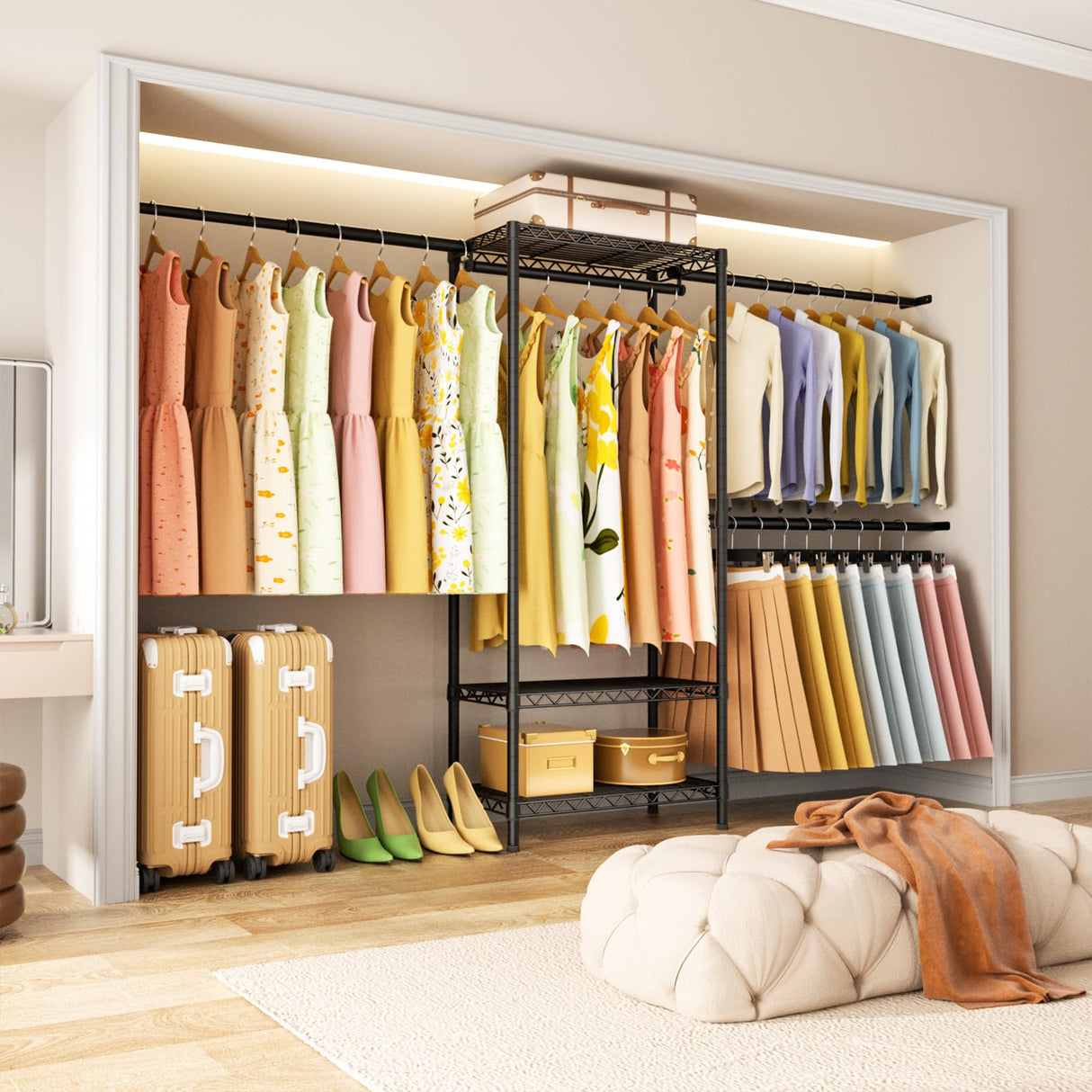 Golpart Closet Storage Organizer System,Expandable Wall Mounted Clothes Rack,3 Tiers Heavy Duty Metal Garment Rack with 3 Extendable Hanger Rods,Fits Space 5.7~8.8ft Width,76.77" H x 15.75" D Golpart