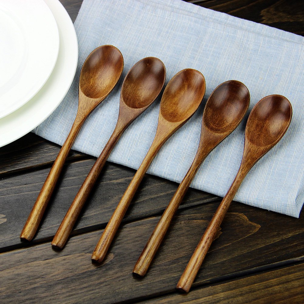 AOOSY Spoons, Wooden Spoons for Eating, 6 Pieces Japanese Natural Plant Ellipse Wooden Ladle Spoon Set for Cooking Mixing Stirring Honey Tea Soda Dessert Coconut Bowl Nonstick Pots Kitchen