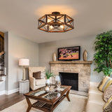 6-Light Large Rustic Farmhouse Wood Flush Mount Ceiling Light Fixture 20 inch Oak Wood and Metal Cage Semi Flush Mount Ceiling Light for Hallway Entry Dining Farmhouse Bedroom Living Room, Black RKUCSR