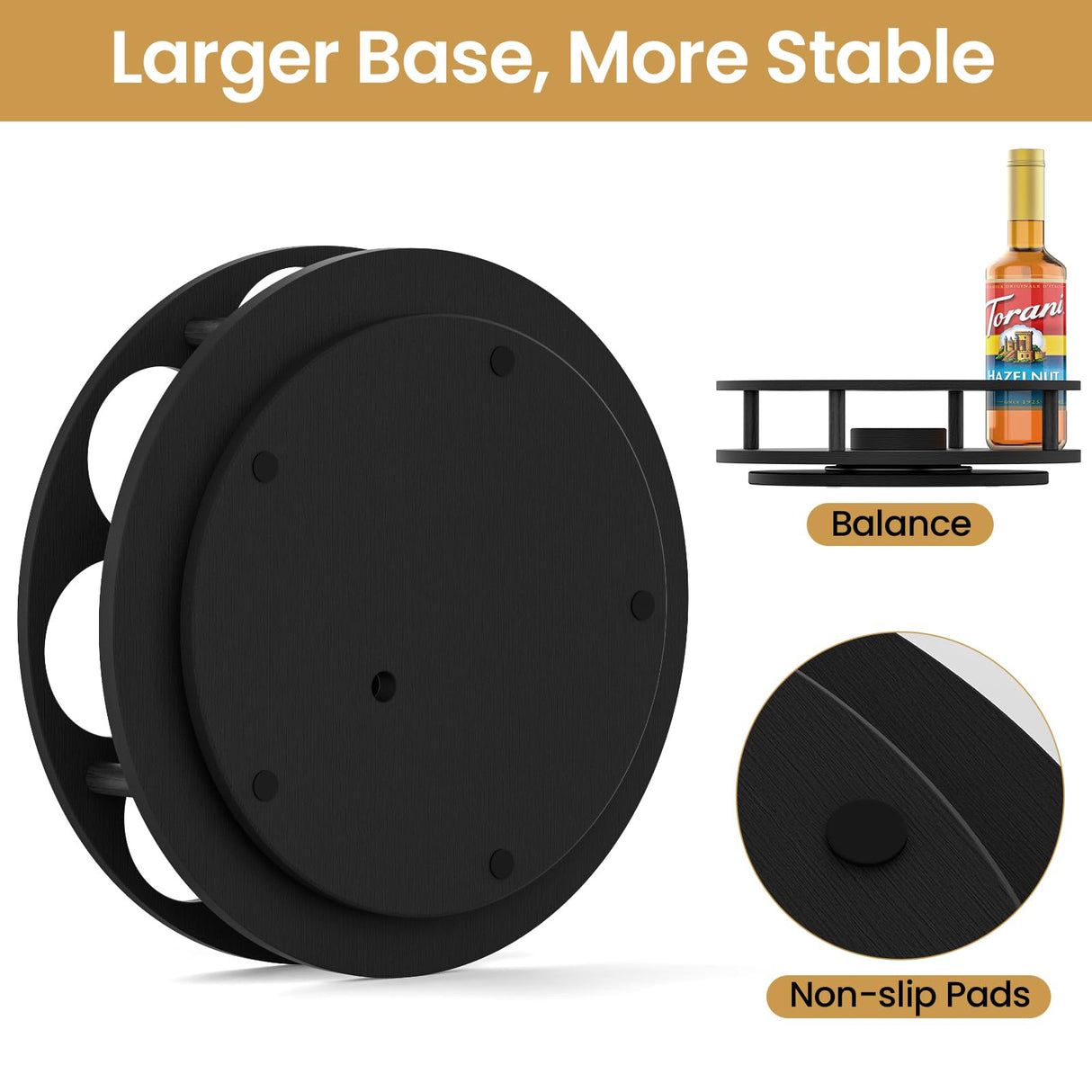 THYGIFTREE Large Rotating Coffee Syrup Organizer 9 Bottles Syrup Rack for Countertop Wood Syrup Bottle Holder Stand for Coffee Bar Station, Turntable Wine Display Tray, Black THYGIFTREE