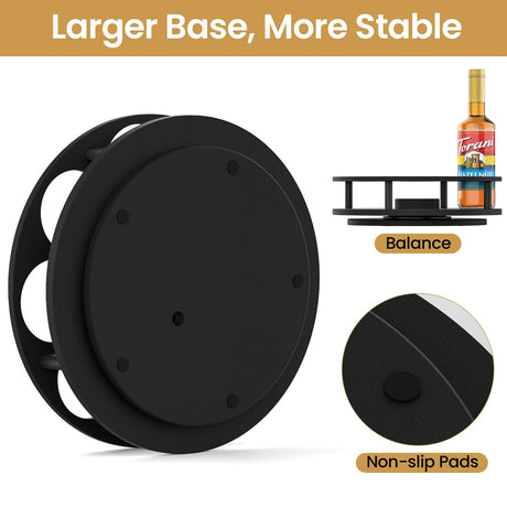 THYGIFTREE Large Rotating Coffee Syrup Organizer 9 Bottles Syrup Rack for Countertop Wood Syrup Bottle Holder Stand for Coffee Bar Station, Turntable Wine Display Tray, Black THYGIFTREE