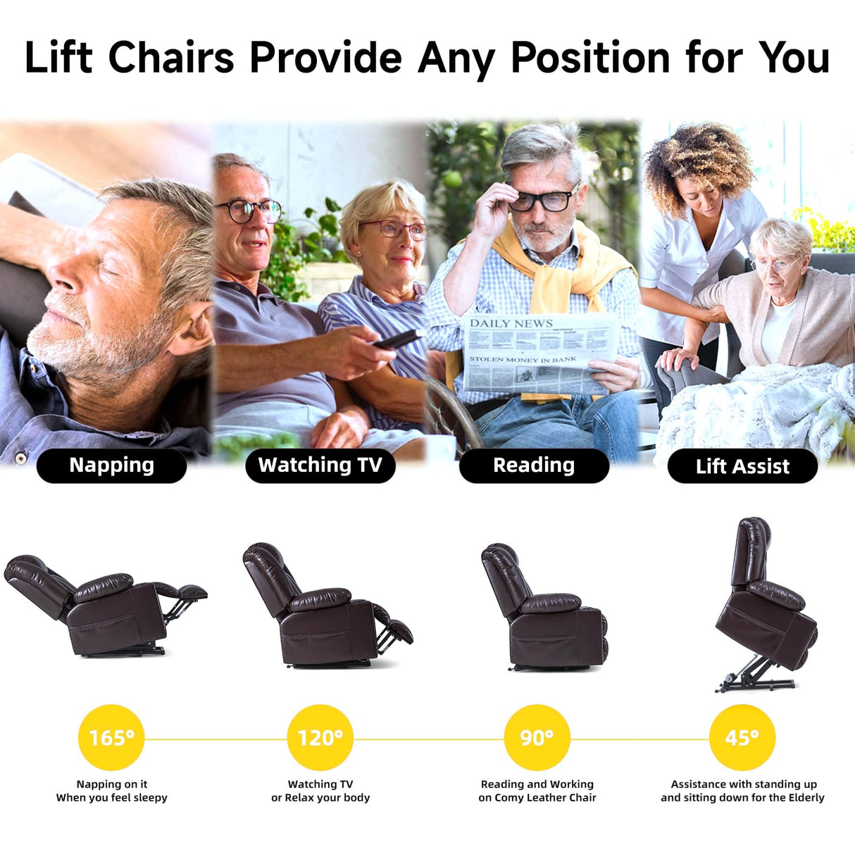 Large Power Lift Chairs Recliners for Elderly with Heated and Massage, Overstuffed Adjustable Lift Chairs, 3 Positions, Breathable Leather, USB-A and USB-C, Cup Holder, Side Pocket Dark Brown Cfvyne