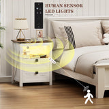 FREDEES Farmhouse Nightstand with Charging Station & Power Outlets, Smart LED Night Stand with Human Sensor 3 Color Lights&Drawers, Farmhouse End Side Table for Bedroom/Living Room, Antique White FREDEES