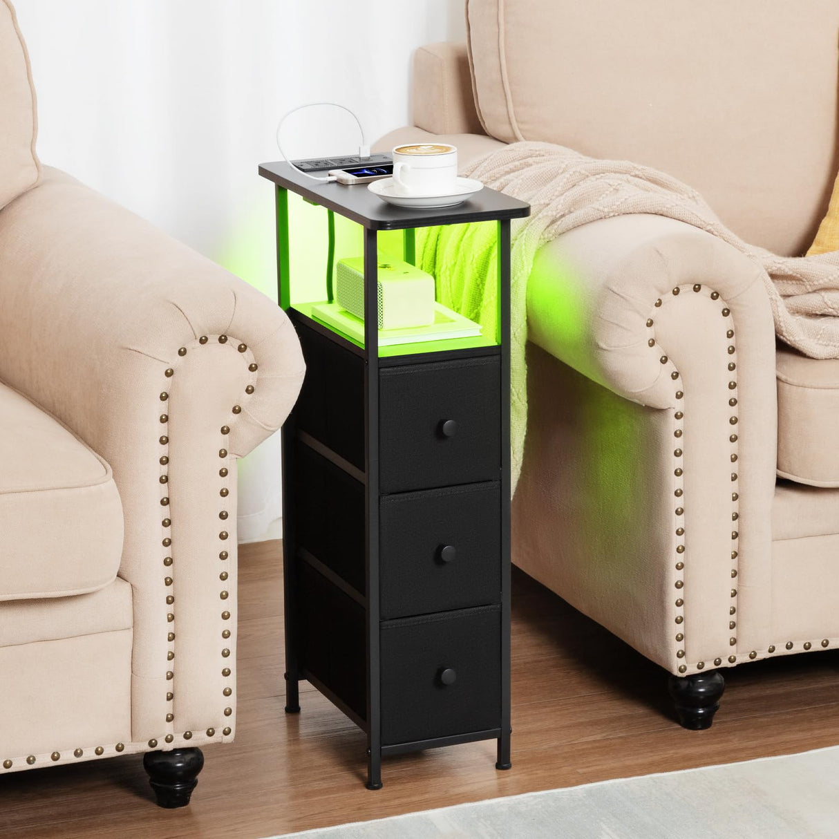 LOAKEKEL Narrow End Tables Living Room Set of 2 with Charging Station, Skinny Side Table with Fabric Drawers, Slim LED Nightstand for Bedroom, Small Spaces, Couch, Black, HETNDP03LBK LOAKEKEL