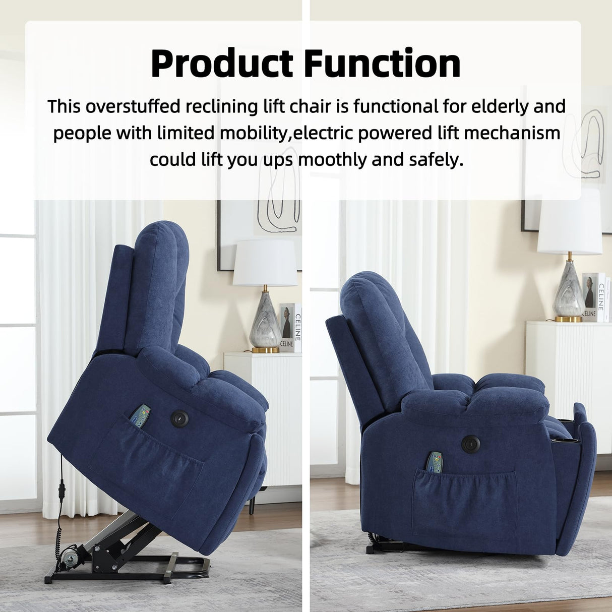 CANMOV Power Lift Recliner Chair with Massage and Heat for Elderly, Overstuffed Wide Recliners, Heavy Duty and Safety Motion Reclining Mechanism with USB Ports, 2 Concealed Cup Holders, Navy Blue CANMOV