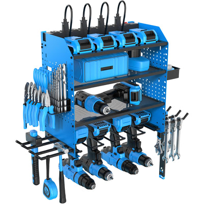 Heavy Duty Power Tool Organizer Wall Mount with Charging Station, 4 Layer Garage Storage Adjustable Shelves Height, Holds 4 Drills, 2 Hooks, Screw & Screwdriver box, Gifts for Fathers Day, Anniversary