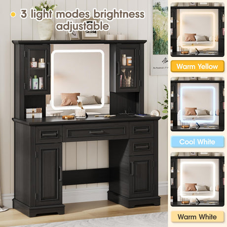 Maupvit Farmhouse Vanity Desk with Mirror and Lights, Makeup Vanity Table with Charging Station, 45" Bedroom Table with 4 Drawers and Cabinets, 3 Lighting Modes, Black Maupvit