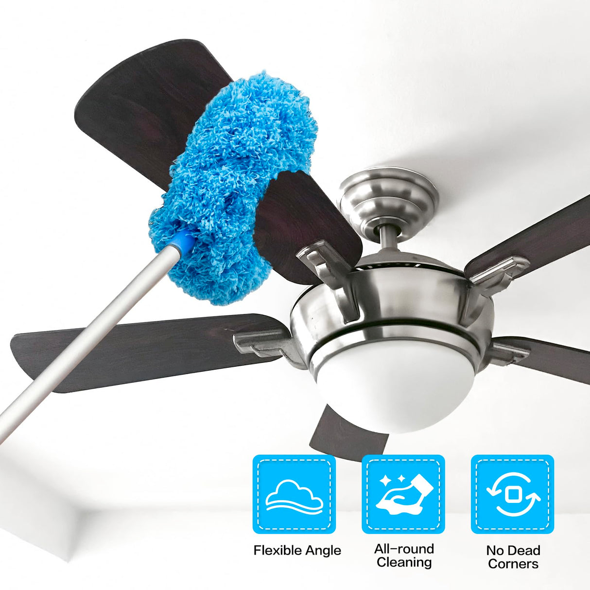 Ceiling Fan Cleaner Duster Reusable Microfiber Ceiling Fan Blade Cleaner Removable Duster with Extension Pole Adjusts 13 to 49.7 Inch for Cleaning Walls Bookshelves Furniture Door Window Top (Blue) Heonay