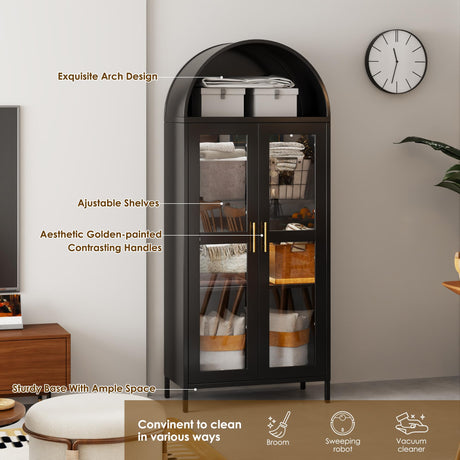 VEXPOR 73 in Tall Metal Arched Cabinet, Kitchen Pantry Cabinet with Glass Door, Modern Farmhouse Arched Bookcase with 2 Adjustable Shelves for Dining Room and Living Room, Black, Assembly Required VEXPOR