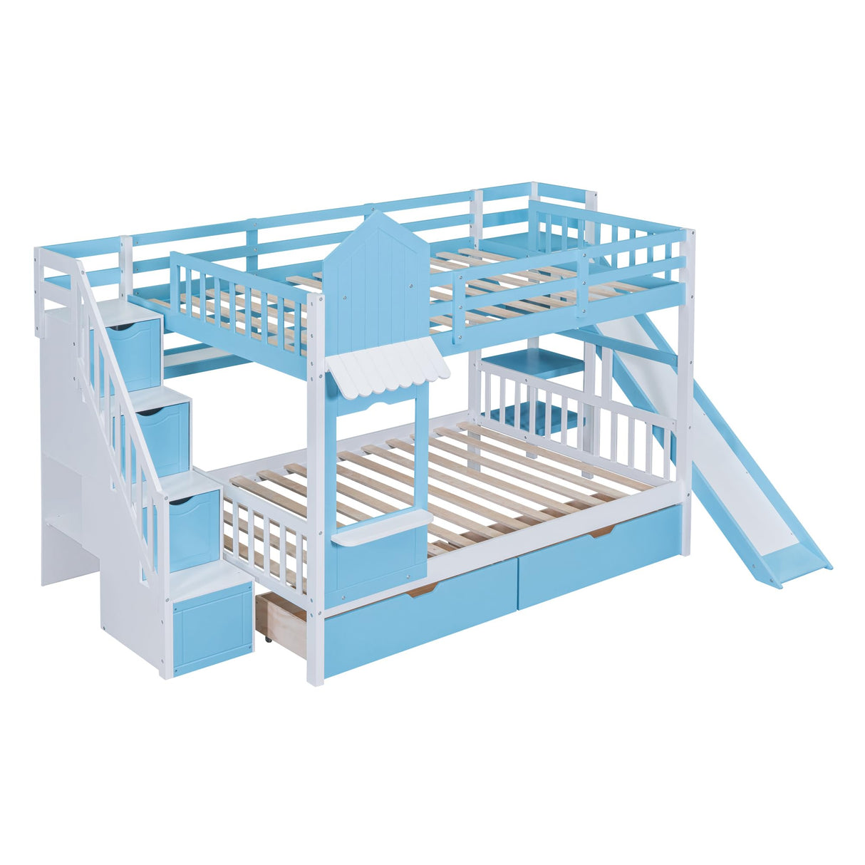 Harper & Bright Designs Full Over Full Bunk Bed with Slide and Stairs, Castle Style Bunk Beds with Storage Drawers and Shelves, Wooden Loft Bunk Bed Frame for Kids, Teens, Boys & Girls (Blue) Harper & Bright Designs