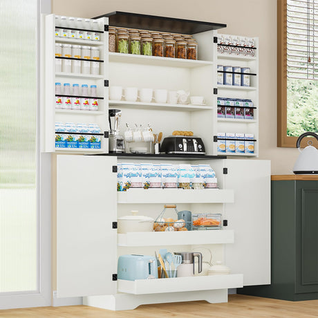 REVOMINCA 72" Kitchen Pantry Cabinet, Farmhouse Pantry Cabinet with 8 Hanging Rack Shelves & 3 Pull-Out Racks, Pantry Storage Cabinet, Freestanding Cupboard for Kitchen, Dining Room, White REVOMINCA