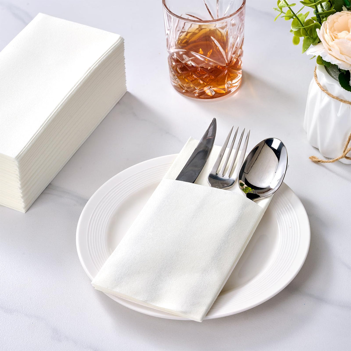 FOCUSLINE 50 Count Disposable Cloth like Napkins, Built-in Flatware Pocket, White Prefolded Paper Napkins, Linen Feel Dinner Napkins for Wedding, Parties, or Events FOCUSLINE