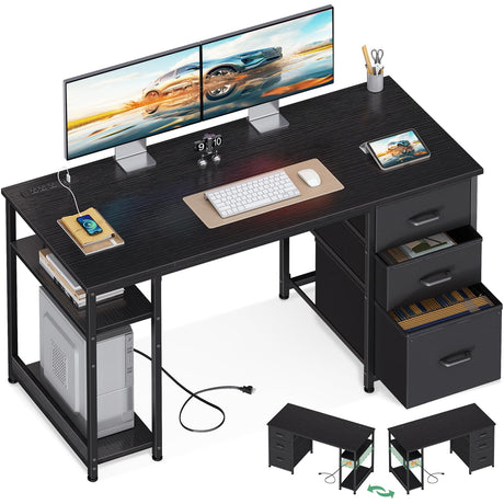 AODK 51 Inch Computer Desk with Fabric Drawers & USB Power Outlets, Reversible Home Office Desk with Storage Shelves, Work from Home, Modern Work/Writing/Study Table for Bedroom, Black AODK