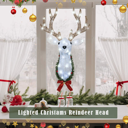 Christmas Wall Decor Reindeer Head with Clear 60 Count Lights，3D Rudolph Hanging Wreath with Battery Operated, 8 Modes & Timer, Light Up for Xmas Holiday Christmas Décor