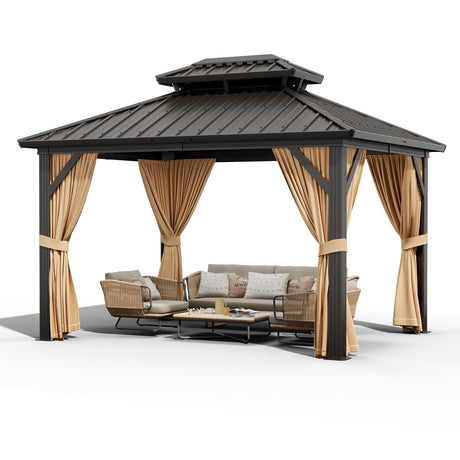 GarveeLife 10x12ft Double Roof Hardtop Gazebo, Heavy Duty Galvanised Steel Hardtop Pavilion with Nettings and Curtains, Metal Roof Gazebo for Patio, Terrace, Lawn and Deck, Brown GarveeLife