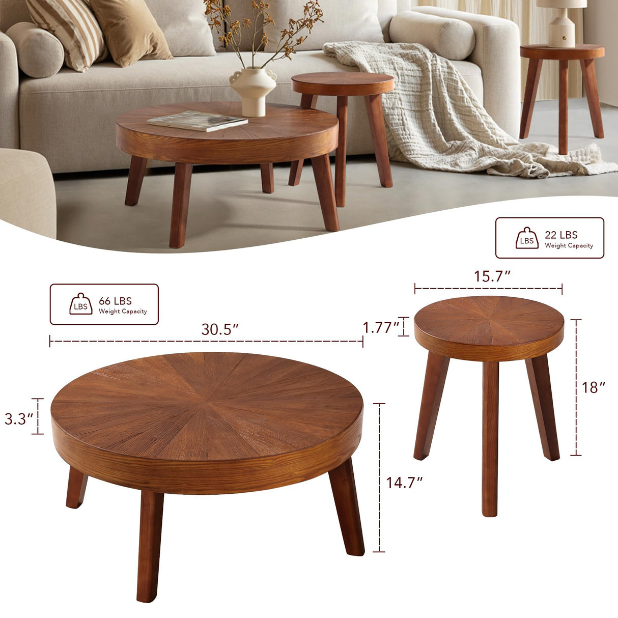 HOKYHOKY Farmhouse Round Coffee Table Set of 3, Boho Sofa Side Nesting Tables End Table Set with Wood Natural Finish for Living Room, Bedroom, Home Office,Brown HOKYHOKY