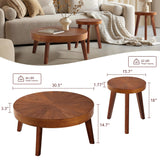 HOKYHOKY Farmhouse Round Coffee Table Set of 3, Boho Sofa Side Nesting Tables End Table Set with Wood Natural Finish for Living Room, Bedroom, Home Office,Brown HOKYHOKY