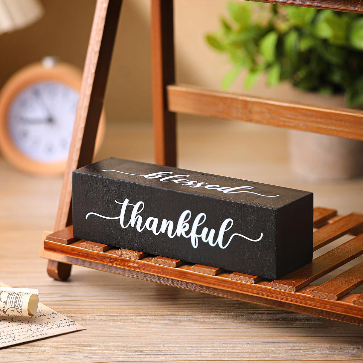 Jetec Four Sided Inspirational Block Sign Rustic Wooden Blessed Gather Thankful Grateful Sign Tabletop Block Decor for Office Home Farmhouse Tabletop, Bookshelf, Tiered Tray Decor (Black) Jetec