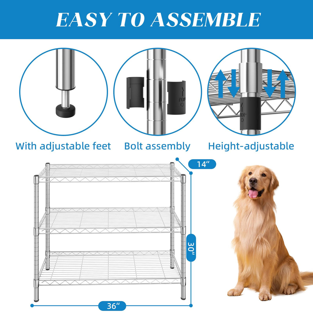 Guan River 3-Shelf Storage Shelf Adjustable Metal Shelf Wire Shelving Storage Rack Display Shelf for Office,Kitchen,Bedroom,Bathroom,Laundry,Pantry Basement,Garage(Chrome,36" L x 14" W x 30" H) Guan River