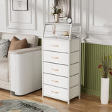 Furnulem White Dresser with 5 Drawers, Vertical Storage Tower Fabric Dresser for Bedroom, Hallway, Entryway, Nursery, Closet Organizer, Nightstand Bedside Table Furniture, Sturdy Steel Frame, Wood Top Furnulem