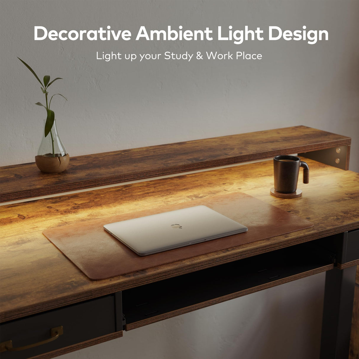 FEZIBO 48 x 24 Inch Height Adjustable Electric Standing Desk with Double Drawers&Keyboard Tray, Stand Up Desk with LED Strips&Stand,Rustic Brown FEZIBO