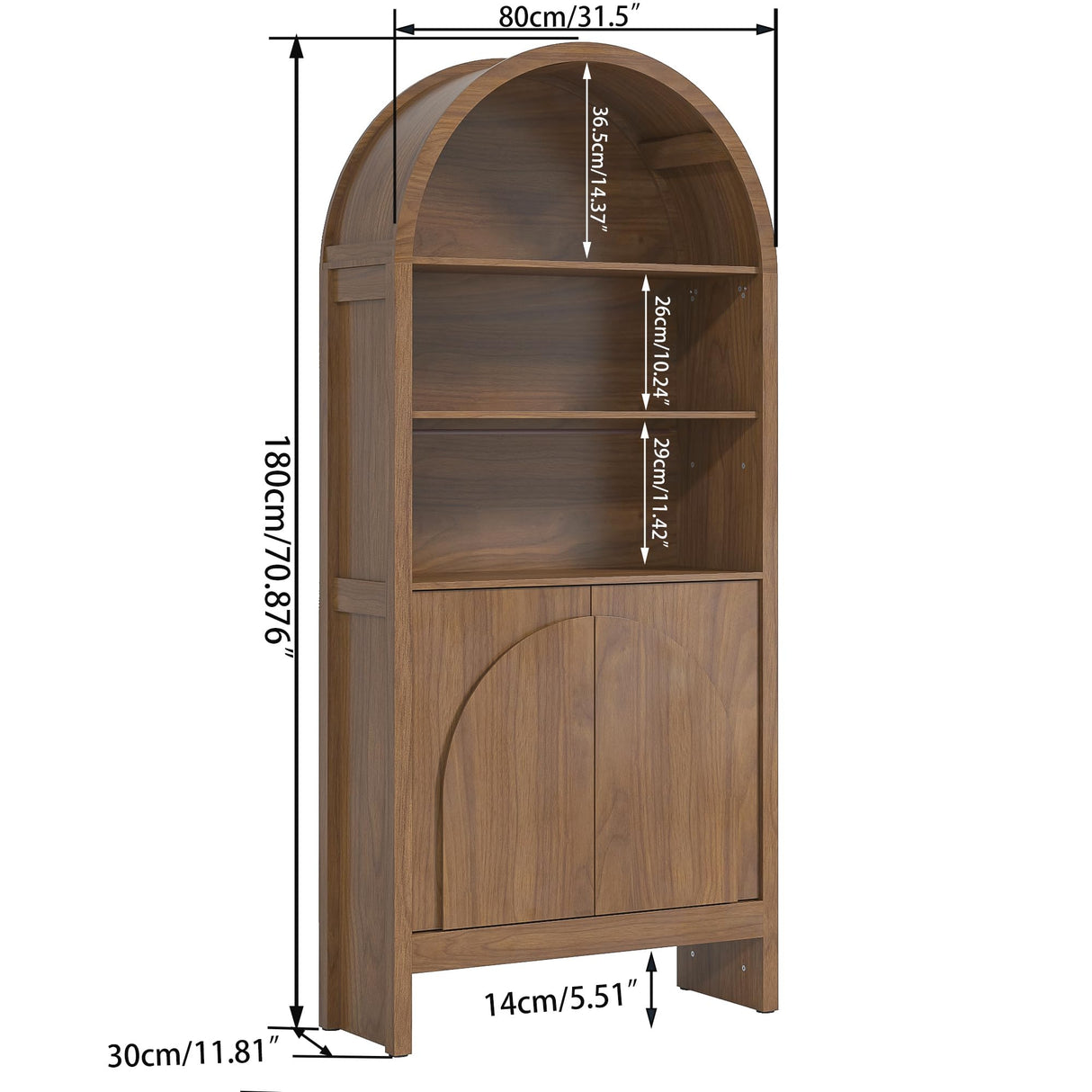 Mid Century Arched Bookcase, 5 Shelf Tall Book Shelf with Doors, 71 Inch Display Case Storage Cabinet, Large Library Arch Bookshelf, Wooden 5 Tier Book Case for Living Room, Office, Brown, Walnut Jluomei