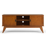 SIMPLIHOME Draper SOLID WOOD Universal TV Media Stand, 60 Inch Wide, Modern Industrial, Living Room Entertainment Center, for Flat Screen TVs up to 70 Inch in Teak Brown SIMPLIHOME