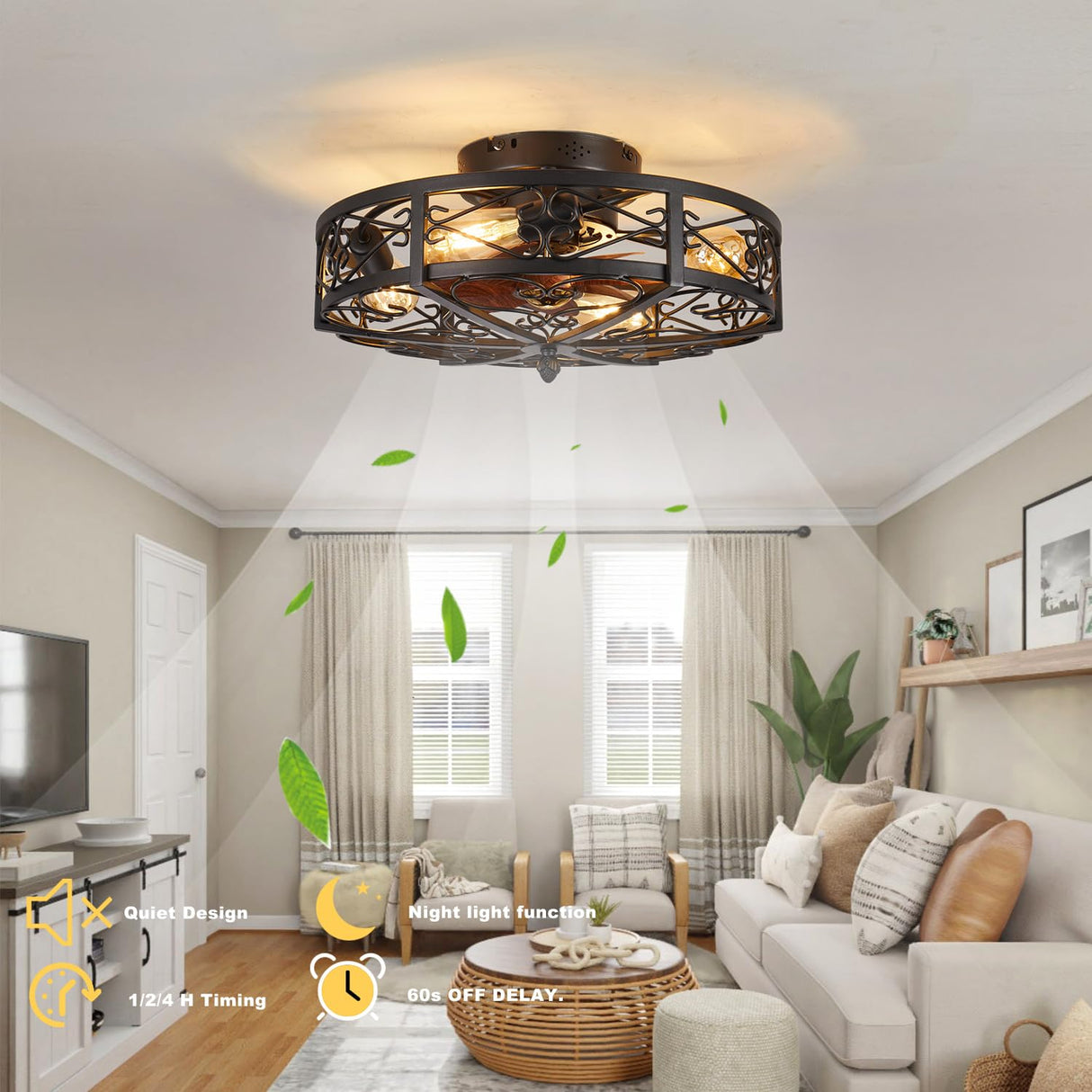 MeZeYo 20" Caged Farmhouse Flush Mount Ceiling Fan with Light and Remote Control Bladeless Low Profile Ceiling Fans with Lights Enclosed Vintage Fan 6 Speed Reversible for Kitchen, Bedroom MeZeYo