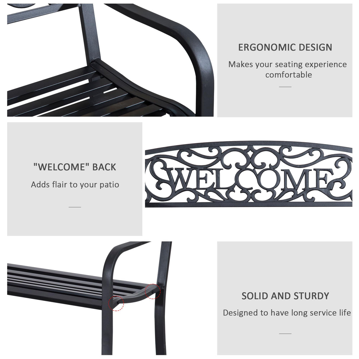Outsunny 50" Outdoor Metal Welcome Bench, Garden Bench with Slatted Seat, Patio Bench for Park, Porch, Yard, Entryway, Black Outsunny