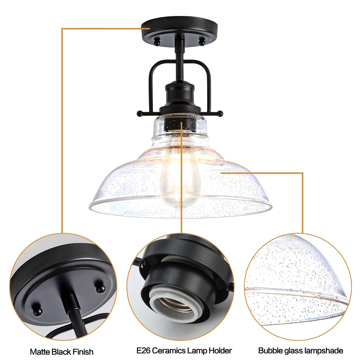 Zlepmlla Flush Mount Ceiling Light Fixture < Bulb NOT Included >, Black Metal Frame Ceiling Light Fixture with Seeded Glass, Farmhouse Light Fixture for Kitchen Island Entryway Porch Foyer