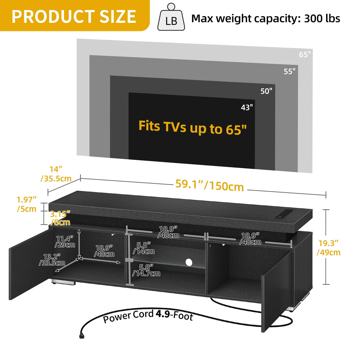 DWVO LED TV Stand for 65 inch TV w/Power Outlet, TV Stands for Living Room, Entertainment Center with Storage, Modern Television Stand, Gaming Media Stand, Black DWVO
