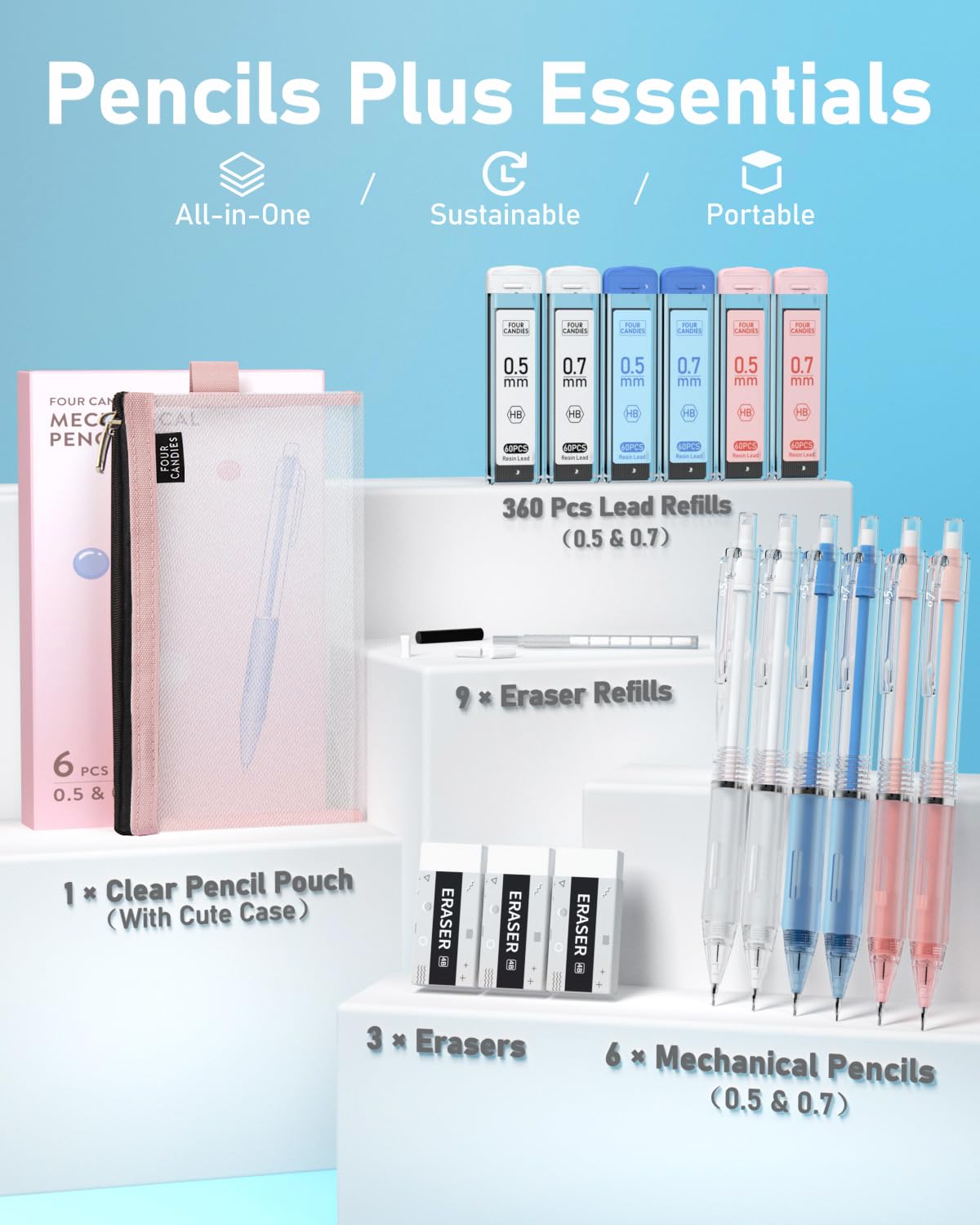 Four Candies Mechanical Pencil Set with Case, 6PCS Aesthetic Mechanical Pencils 0.5 & 0.7mm with 360PCS HB Lead Refills, 3PCS Erasers, 9PCS Eraser Refills for writing, drawing and sketching Four Candies