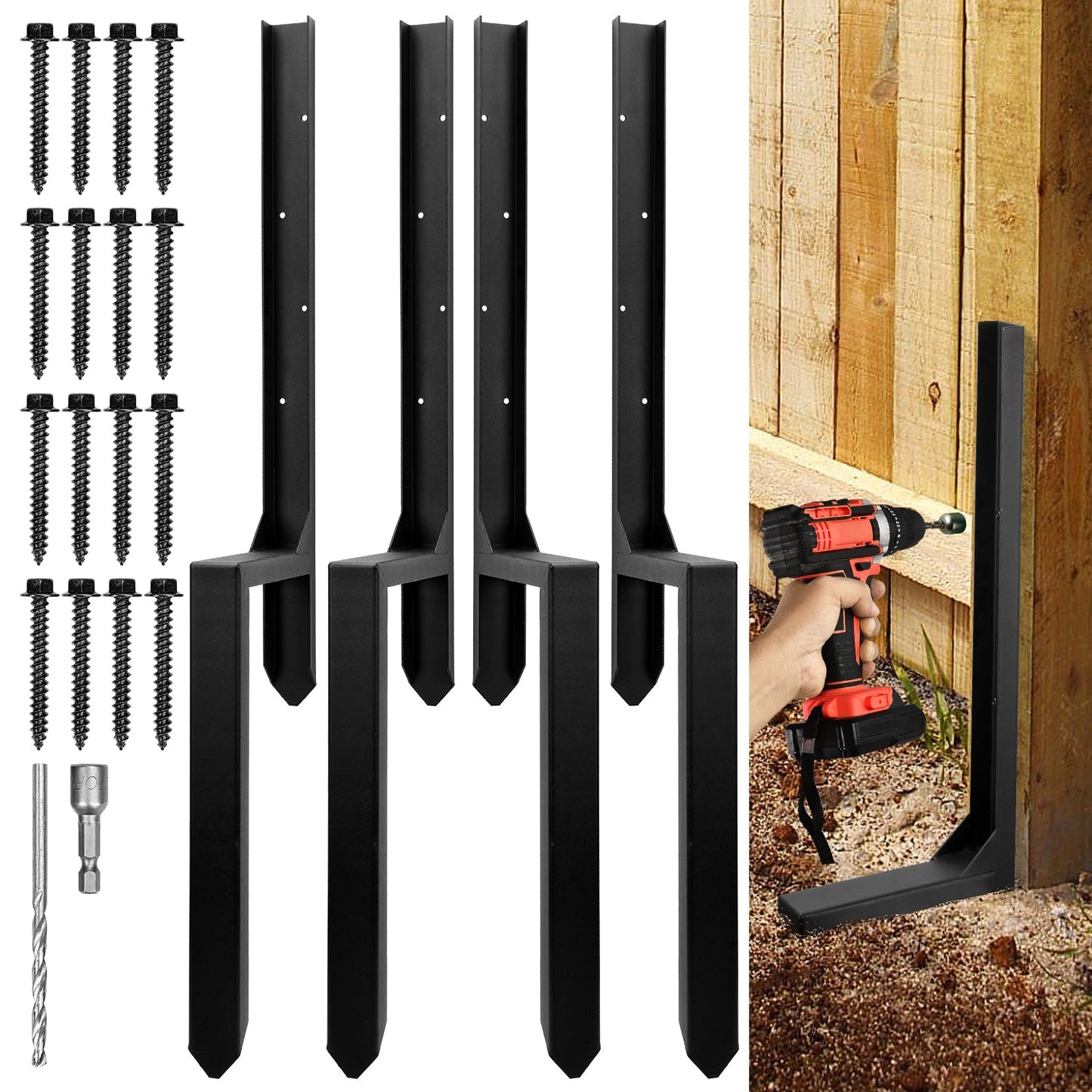 3.42 FT Fence Post Repair Kit, Heavy Duty Steel Fence Post Anchor Ground Spike for Repair Tilted, Broken Wood Fence Post (Black - Set 4)