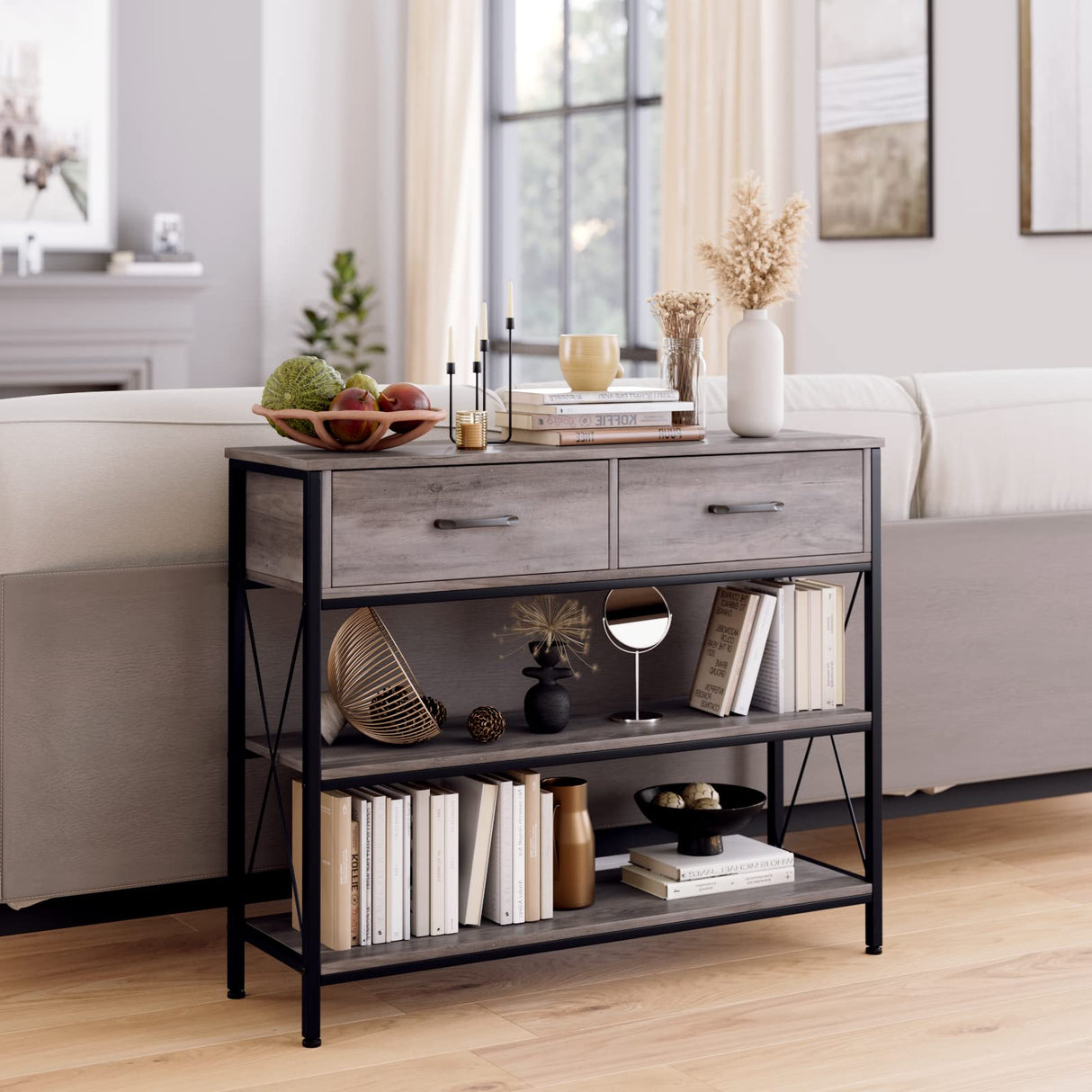 HITHOS Industrial Console Table with Drawers, Vintage Hallway Foyer Table with Storage Shelves, Narrow Long Sofa Entryway Table for Living Room, Grey HITHOS