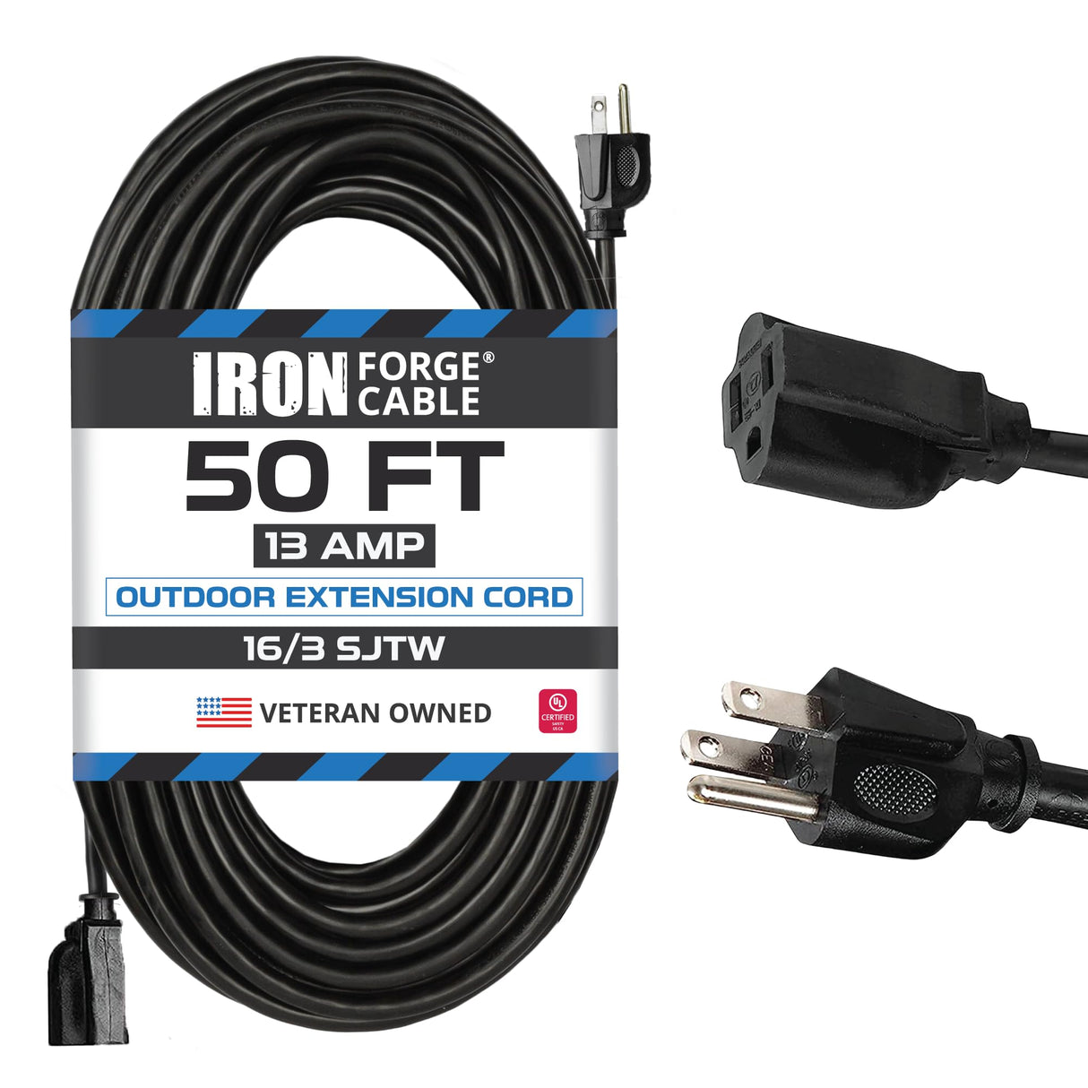 Iron Forge Cable 50 Ft Extension Cord, 16/3 Black 50 Foot Extension Cord Indoor & Outdoor Use, 3 Prong, Weatherproof, US Veteran Owned, Great for Outside, Landscaping & Lawn IRON FORGE CABLE