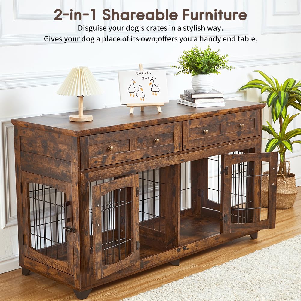 2 Rooms Dog Crate Furniture with Openable Partition,58" Wooden Dog Crate Table with 2 Drawers,5-Doors Dog Furniture,Indoor Dog Kennel,Dog House,Dog Cage,TV Stand (Brown)