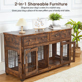 2 Rooms Dog Crate Furniture with Openable Partition,58" Wooden Dog Crate Table with 2 Drawers,5-Doors Dog Furniture,Indoor Dog Kennel,Dog House,Dog Cage,TV Stand (Brown) Knowfunn