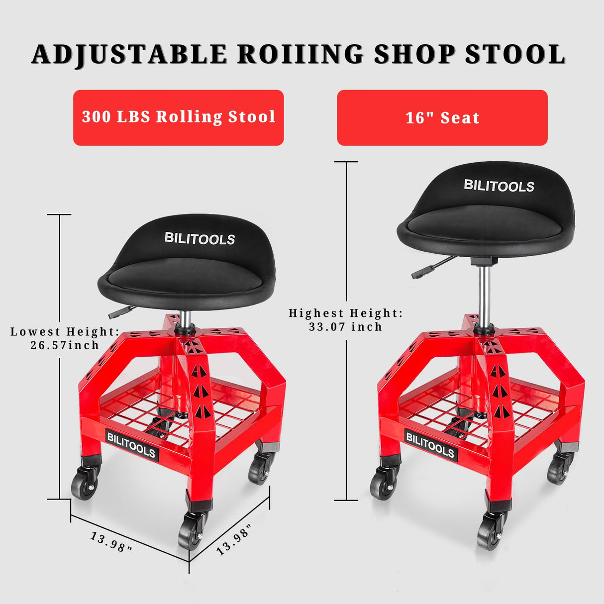 BILITOOLS Rolling Shop Stools with Wheels, Adjustable Garage Mechanic Stool 16" Oversized Seat & Backrest, 300 LBS Shop Chair for Garage with Wheels Heavy-Duty 360° Swivel Tool Tray Storage BILITOOLS
