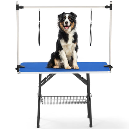 YITAHOME 46" Dog Grooming Table, Foldable Home Pet Bathing Station Table with Adjustable Arm, Non-Slip Desktop, Storage Tray& Noose, Blue - WoodArtSupply