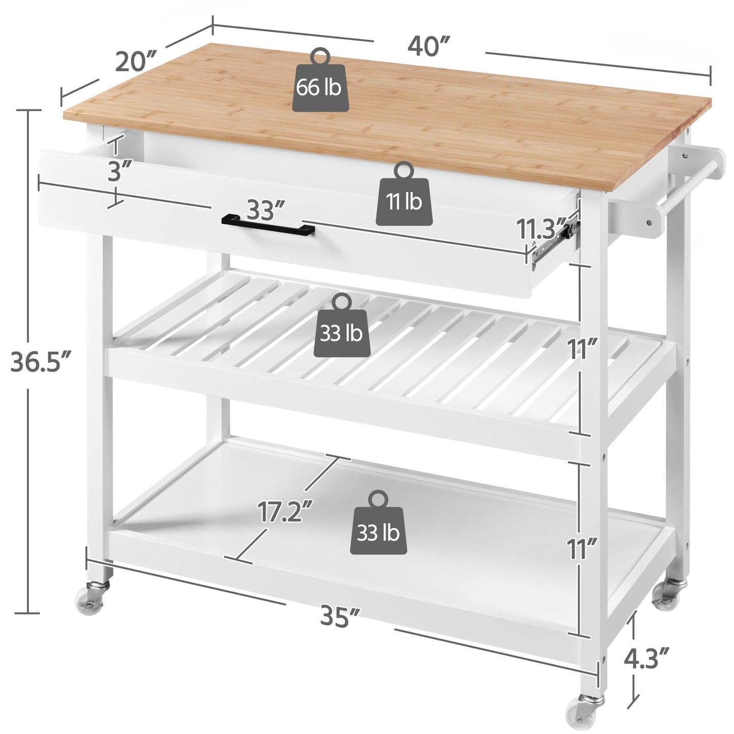 Yaheetech 40" Width Kitchen Island Cart on Wheels, 3 Tiers Rolling Utility Cart with Solid Wood Top and Drawer & 2 Spacious Storage Shelf, Serving Trolley for Dining Room, White - WoodArtSupply